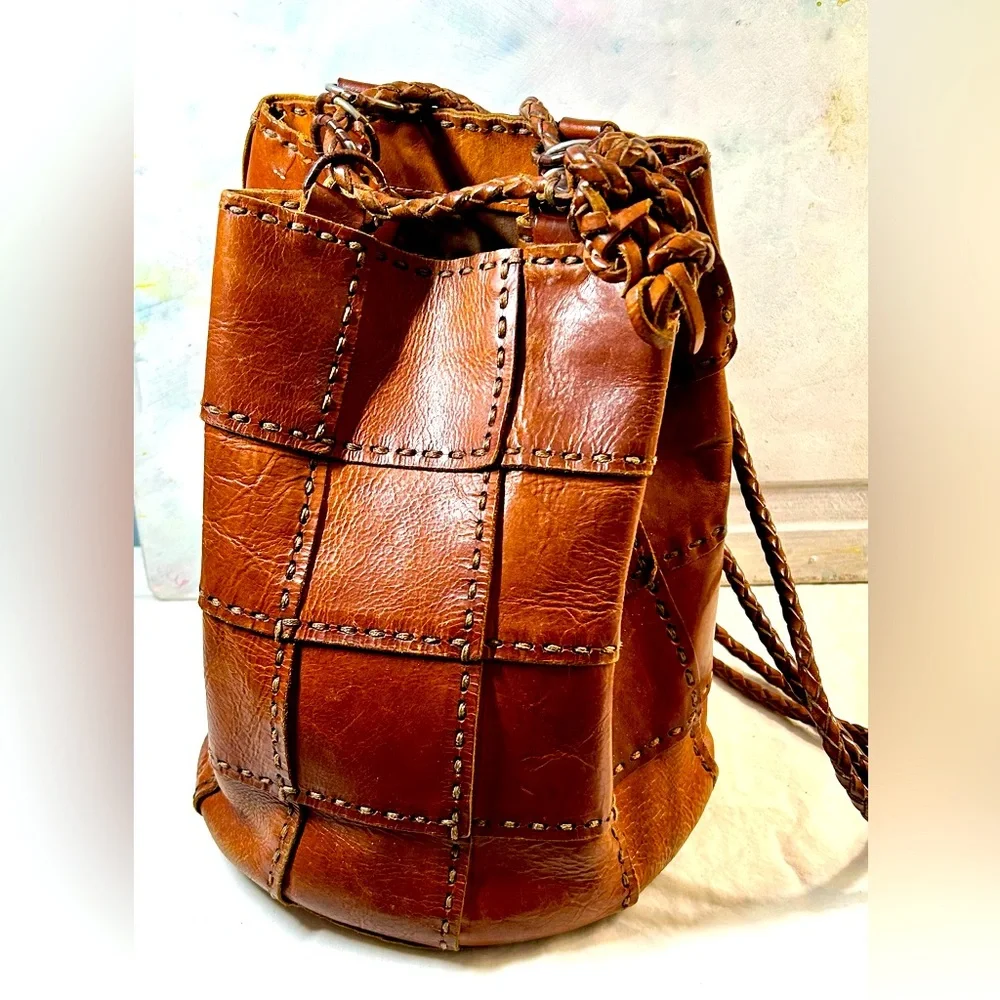 Brown Leather Patchwork Bucket Bag - Picture 1 of 7